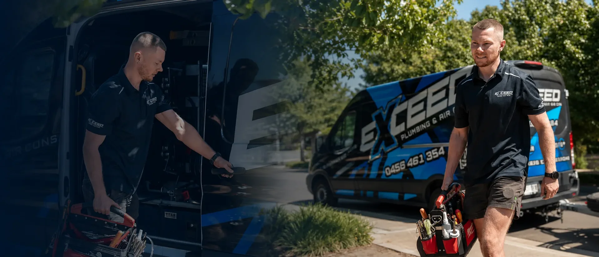 Air conditioning technician arriving at a home with a tool bag, service van behind